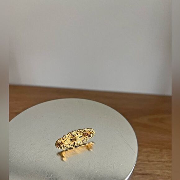 Vintage Gold Filigree Pink Clay Rose Brooch Pin, Romantic Cottagecore Jewelry - Picture 3 of 4